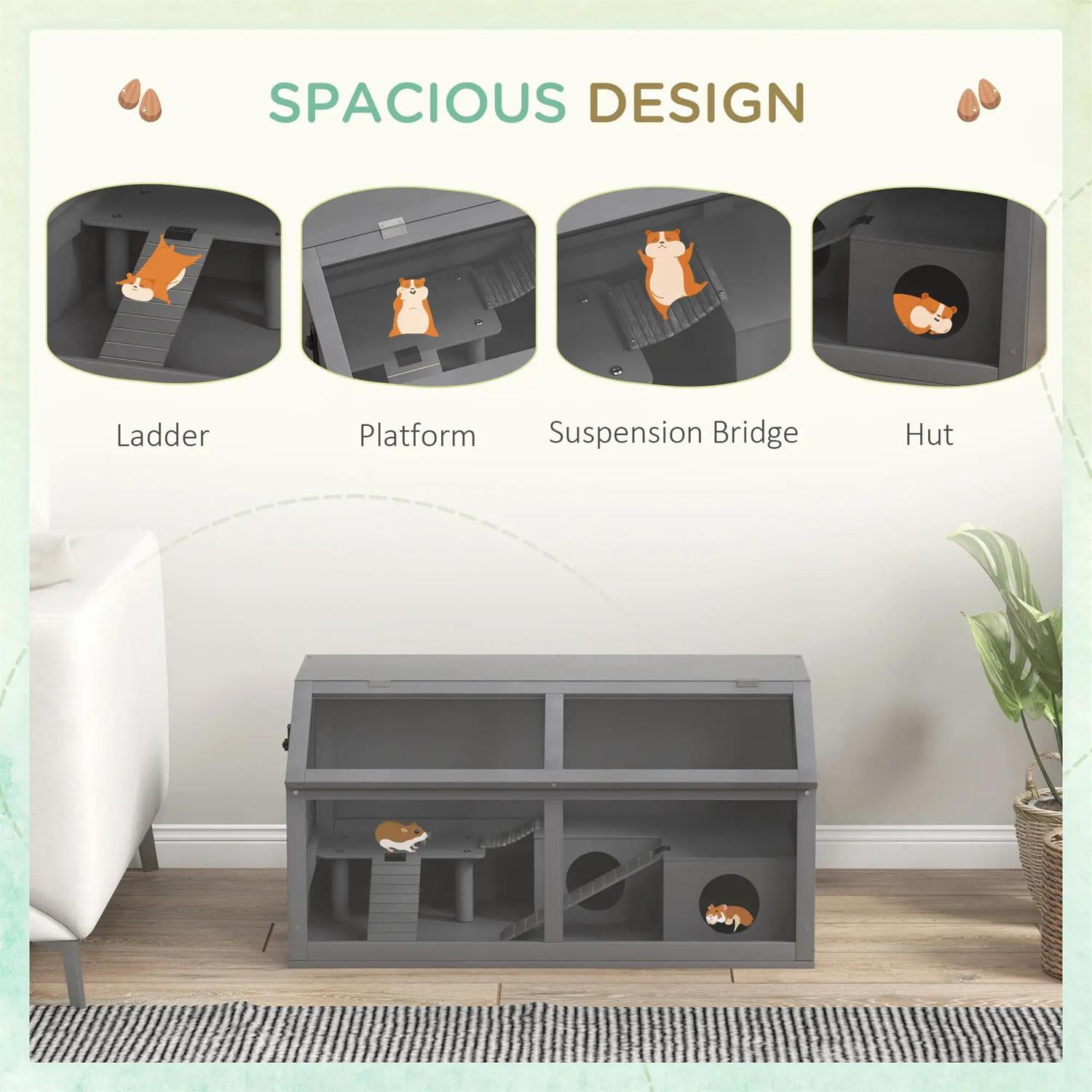 Pefilos Wooden Hamster Cage with Suspension Bridge, Ladders, Seesaws, Water Bottle, Small Animal Cage for Syrian Hamsters Degus or Other Similar, Gray