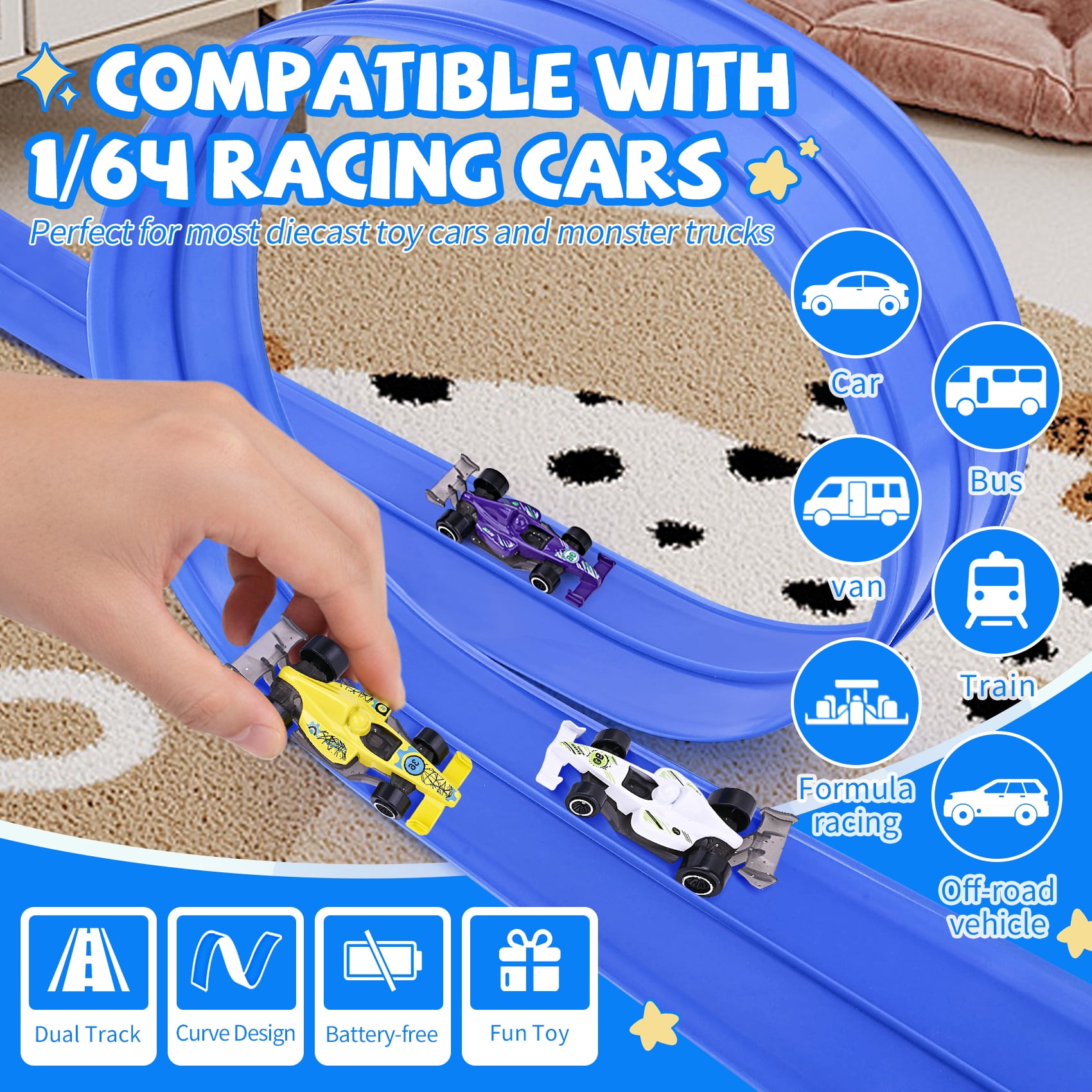 Flex Track 15 Ft Starter Set, Flexible Race Car Ramp Track for Ages 3 & Up with Suction Cups Compatible with Hot Wheels and Diecast 1/64th Cars