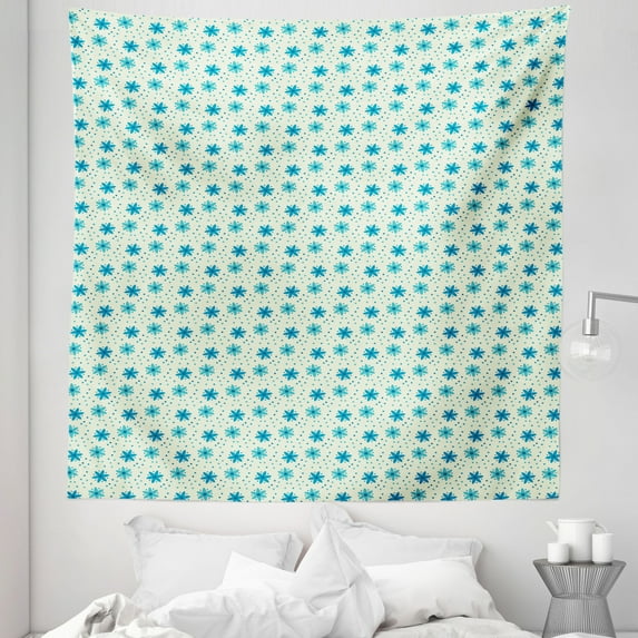 Ivory and Blue Tapestry, Nostalgic Doodle Dotted Background Nature Growth Arrangement, Fabric Wall Hanging Decor for Bedroom Living Room Dorm, 5 Sizes, Blue Turquoise and Ivory, by Ambesonne