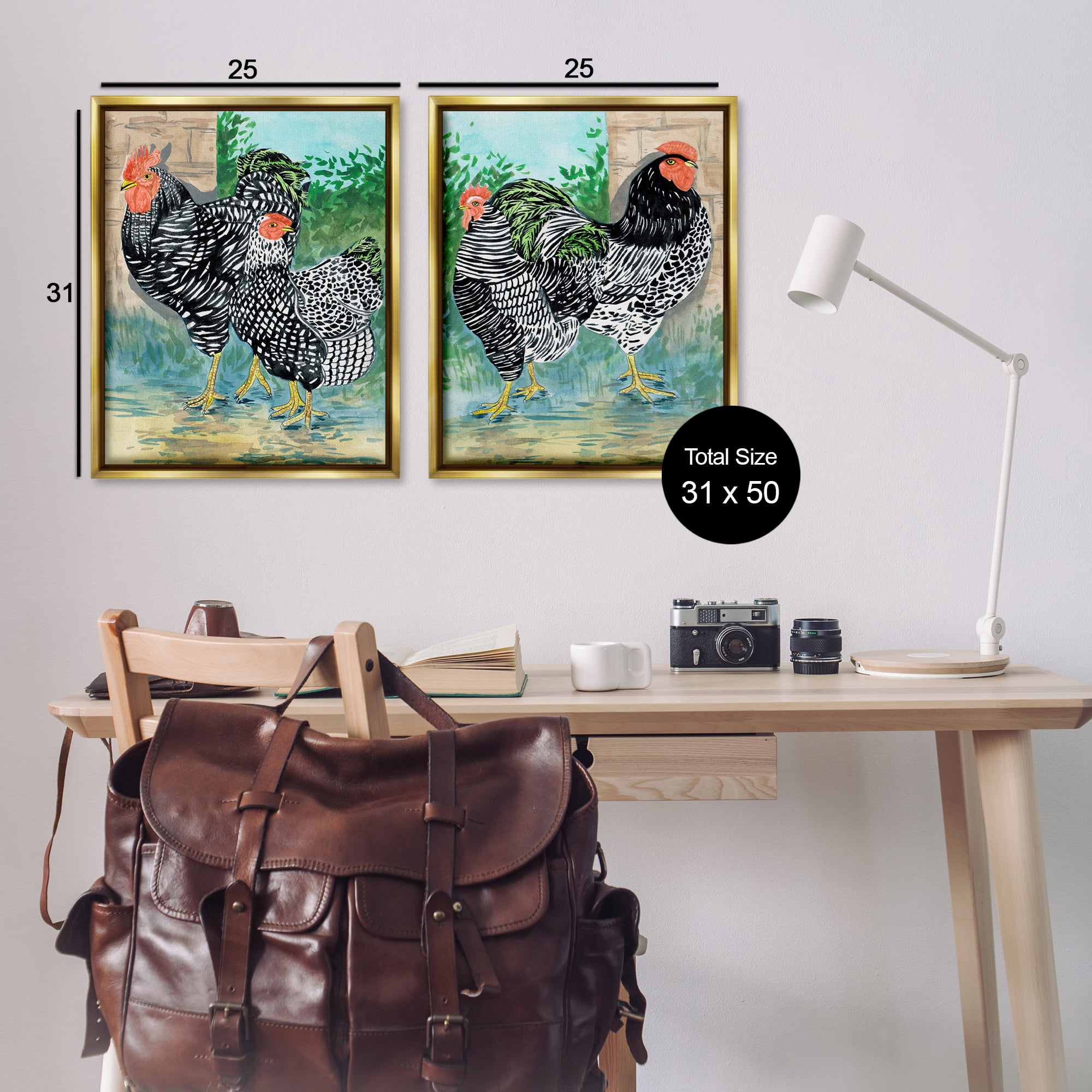 Stupell Industries Rooster and Hen Foraging Animals Painting Gold Floater Framed Canvas Art Print Wall Art, 31 x 25, Set of 2