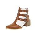 thumbnail image 2 of Ladies Chunky Heel Colorblock Belt Buckle Back Zipper Mid Heel Motorcycle Boots, 2 of 7