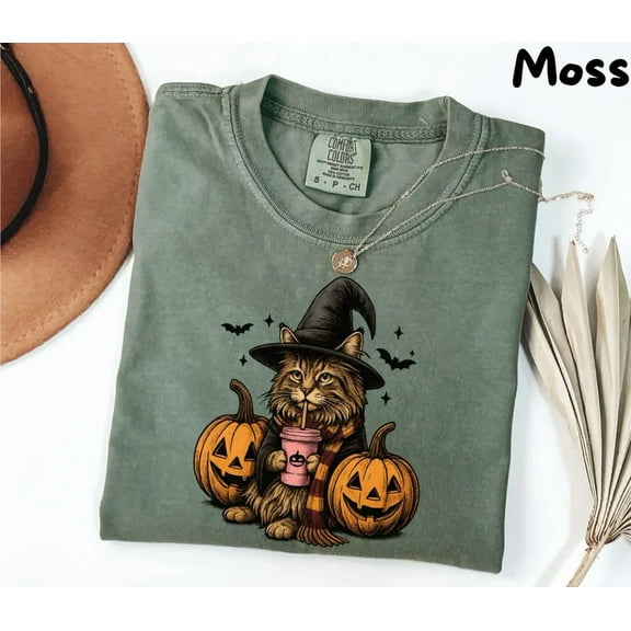 Comfort Colors 1717 Halloween Witch Cat Pumpkin Graphic T-Shirt 100% Cotton - Gift for Halloween