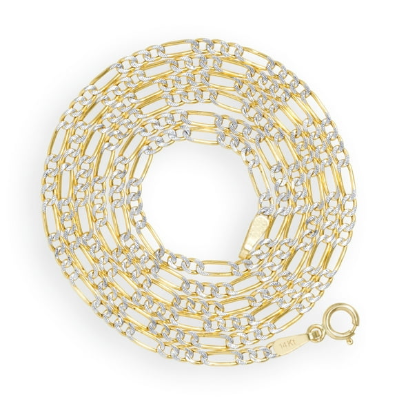 Nuragold 14k Real Yellow Gold Solid Figaro Link 2mm Diamond Cut Pave Chain Necklace (16"-26") Two Tone Italian Jewelry for Men & Women