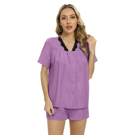 

WBQ Womens Lace V Neck Pajamas Set Spring Short Sleeve Button-Down Sleepwear Solid Color Pj Sets 2 Piece Loungewear