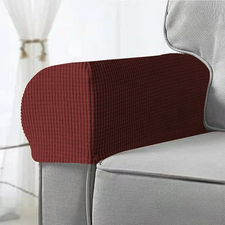 All Inclusive Solid Color Plaid Sofa Armrest Cover - Elastic Thickened Non-Slip Protective Covers Universal for All Seasons Set of 2 Wine