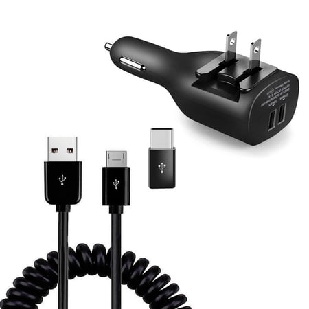 2-in-1 Car Home Charger Coiled USB Cable for Motorola Moto G Stylus 5G (2022)/G Stylus 5G (2023)/Stylus 5G (2024) - Micro-USB to USB-C Adapter Charger Cord Power Wire Black Folding Prongs