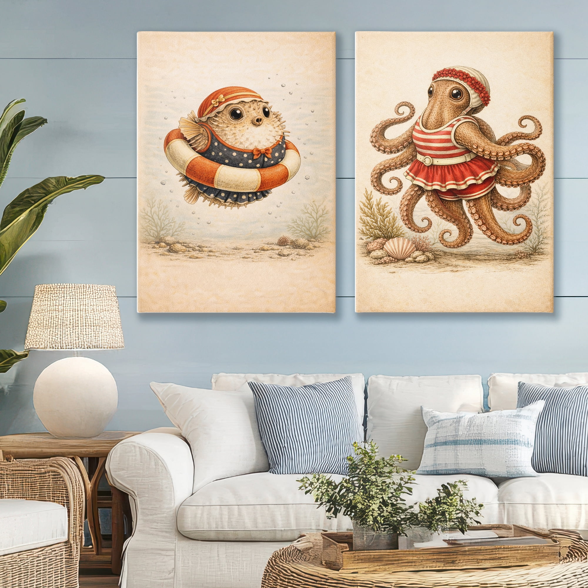 Stupell Industries Vintage Maritime Bathing Creatures 2 Piece Canvas Wall Art Set, design by Grotto Studios