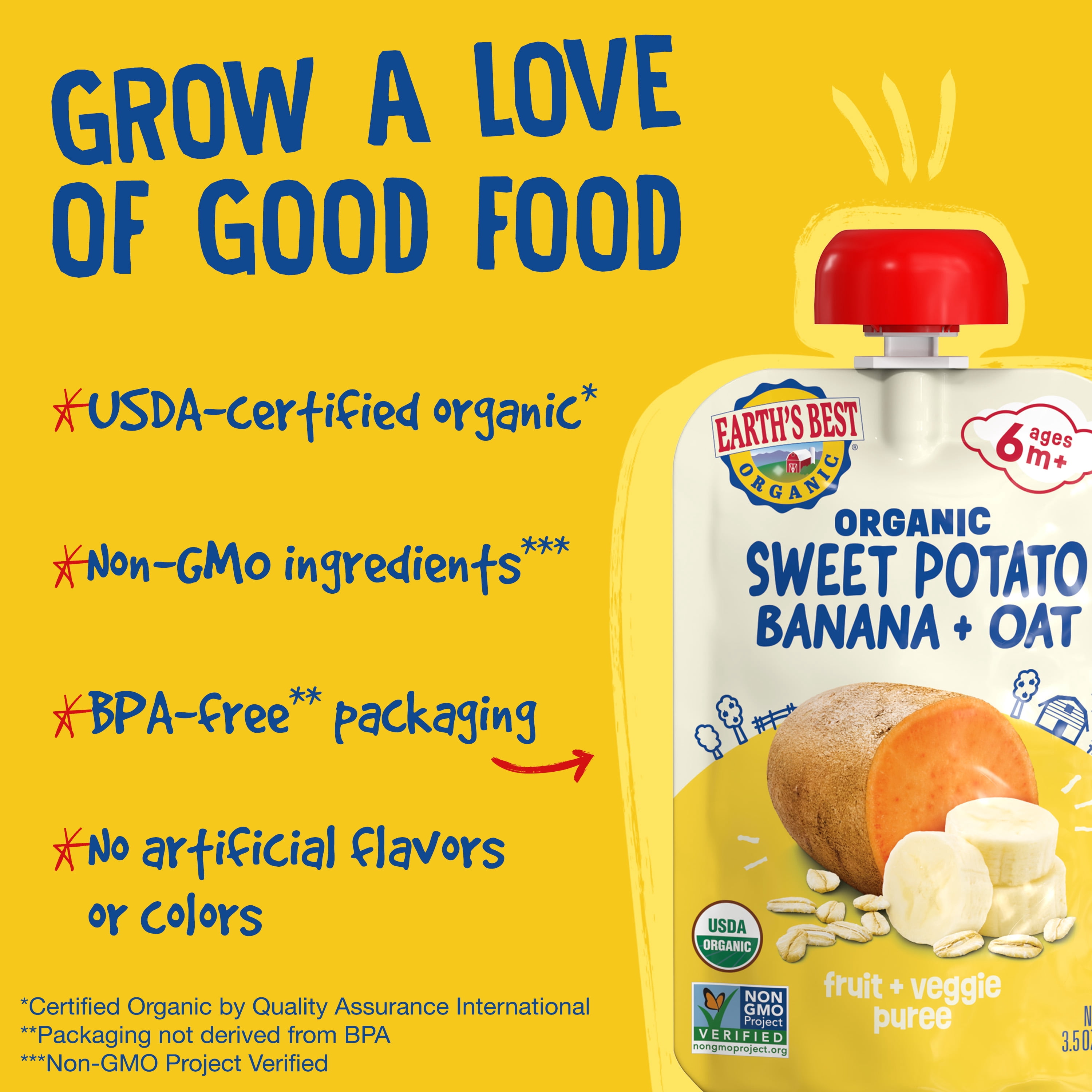 Earth's Best Organic Stage 2 Baby Food, Sweet Potato Banana Oat Fruit & Veggie Puree, 3.5 oz Pouch