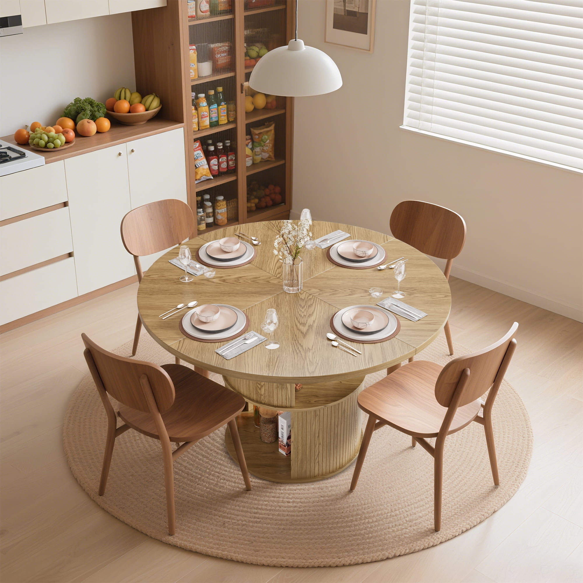 Fiogmub 47 inch Round Dining Table for 4, Circle Kitchen Table with Storage Shelf, Modern Dinner Table for Living Room, Wood Color
