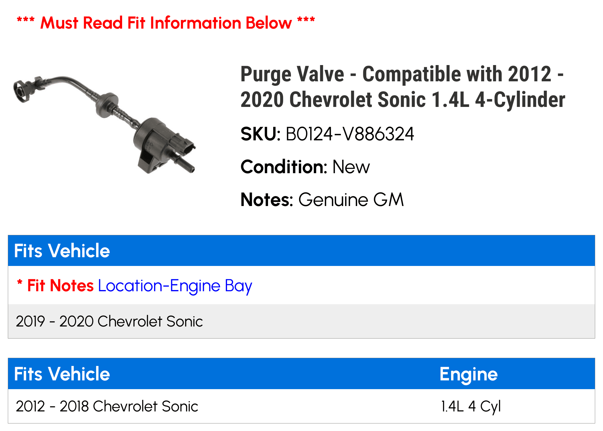 Purge Valve - Compatible with 2012 - 2020 Chevrolet Sonic 1.4L 4-Cylinder - AC Delco