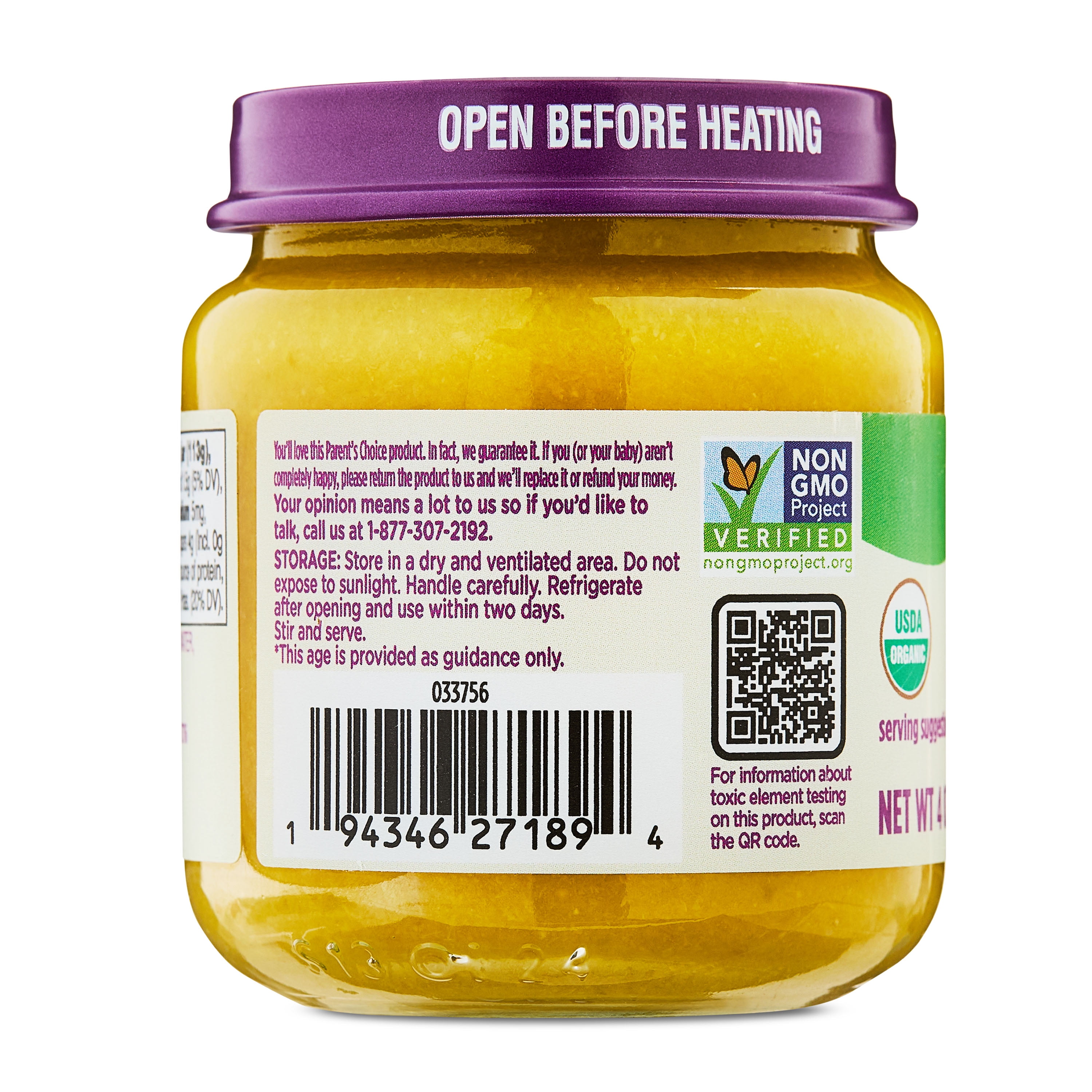 Parent's Choice Organic Stage 2 Baby Food Sweet Corn & Green Beans, 4 oz Jar