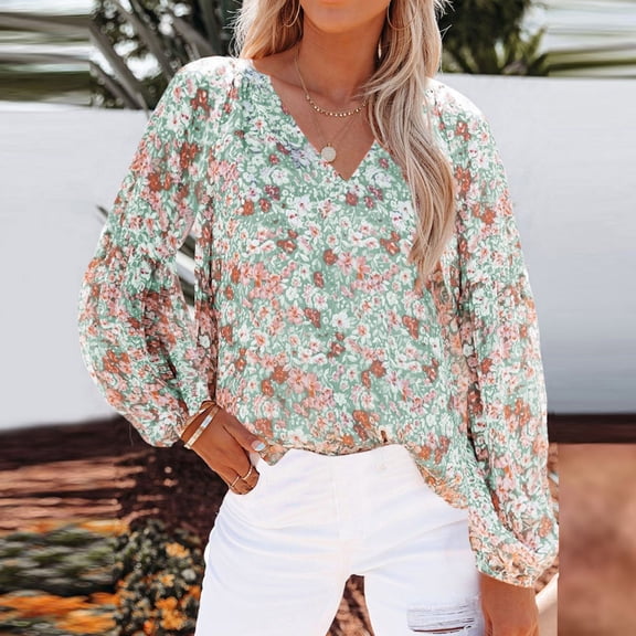 Basic Long Sleeve Shirts For Women V Neck Graphics Print Loose Casual Tunic Tops Breathable Soft Spring Basic Blouses Vacation Clothes Green XXL