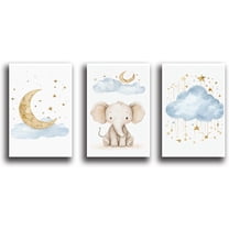 Canvas Poster Children's Room Wall Painting Set Watercolor Animal Theme Giraffe Bear Elephant Illustration Dream Sky Baby Room Decoration Three-piece Set Artwork Baby Space