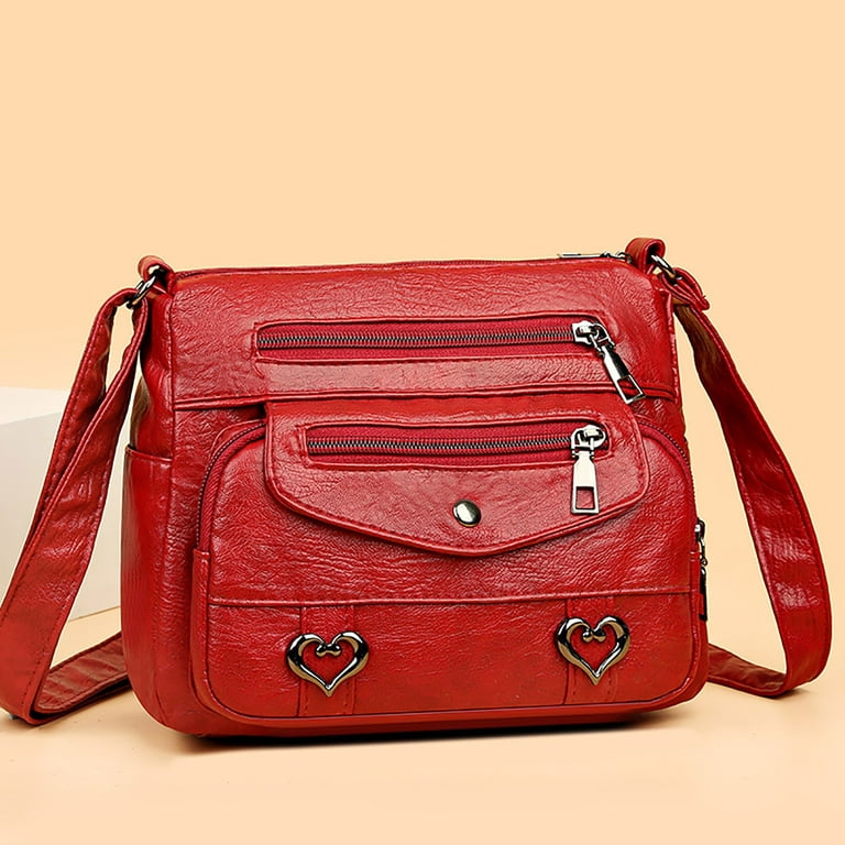 Bags for Women,Heart Decor Crossbody Bag Solid Vintage Pu Leather Shoulder  Bag Versatile Women Multi Pockets Purse with Buckle and Zipper Western  Purses for Women with Wallet Set Red One Size 
