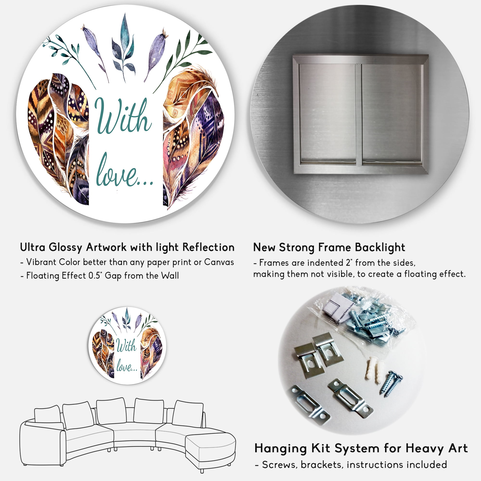 Designart 'Hearted Shaped Feathers With Love' Traditional Circle Metal Wall Art 11x11 - Disc of 11