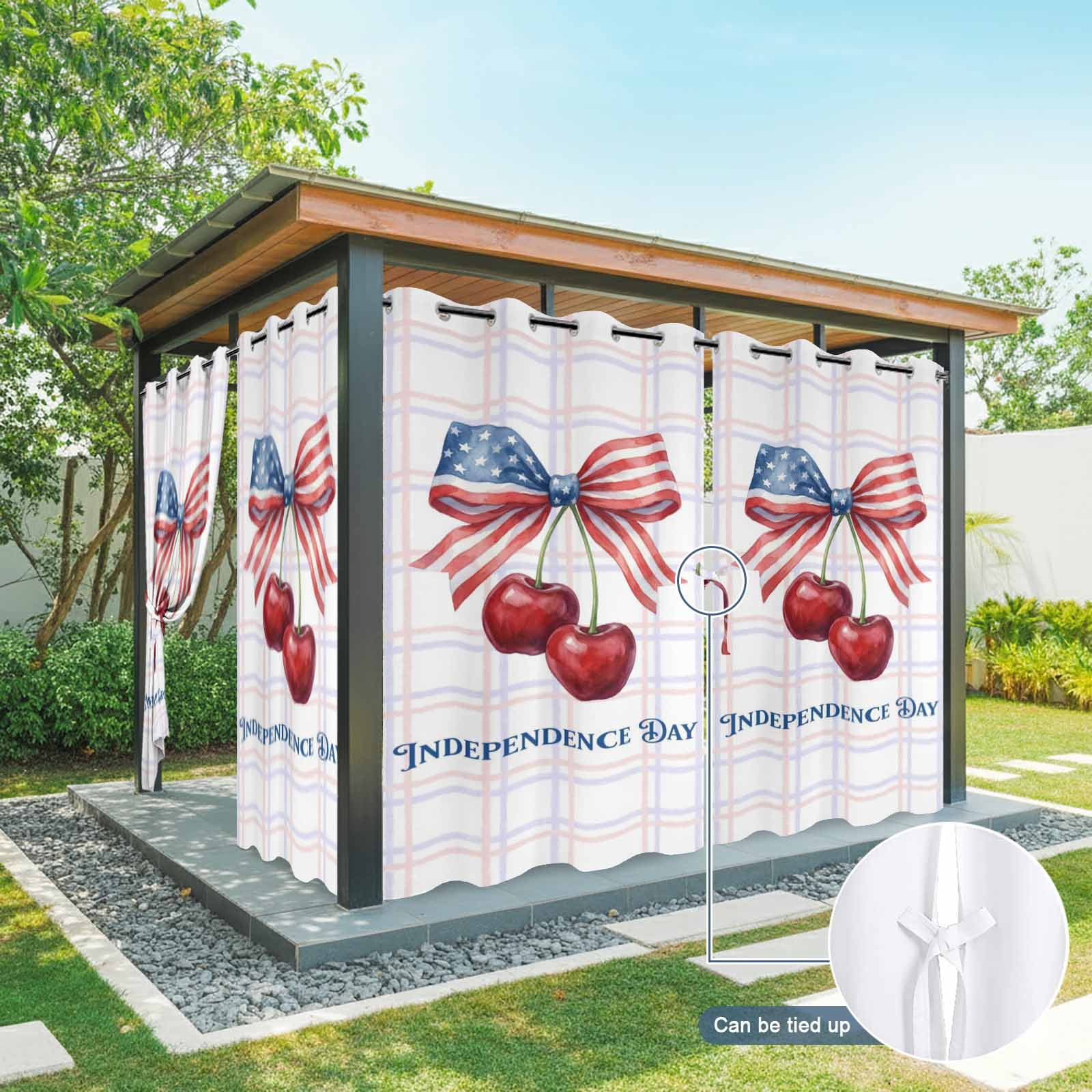 Independence Day Outdoor Curtains for Patio, Red Blue American Flag Bow Cherry Pink Purple Plaid Sunshade Privacy Drapes Grommet Waterproof Outside Curtains for Porch/Cabana/Balcony 54"x108", 2 Panel
