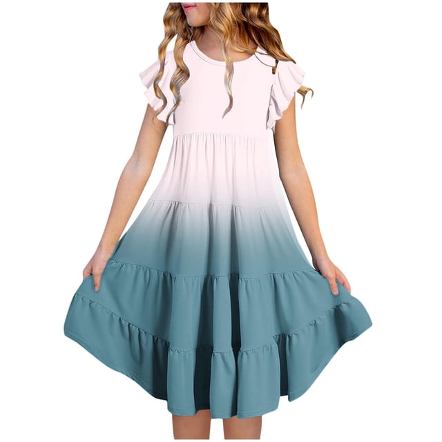 WRKEKC Robes pour Petites Filles, Robe Décontractée d'Été pour Filles, Robe d'Été à Manches Courtes avec Poches à Volants et Col Rond Imprimé 14 Ans