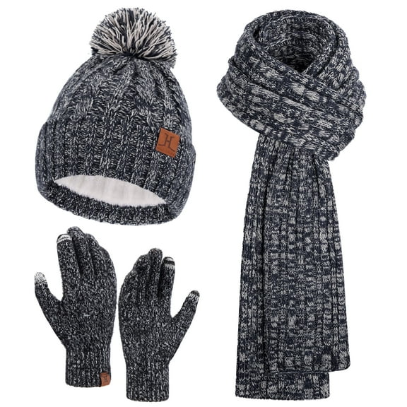 FZ FANTASTIC ZONE Womens Winter Warm Beanie Hat Touchscreen Gloves Long Scarf Set Ribbed Cable Knit with Fleece Lined Skull Pom Caps, Blackwhite