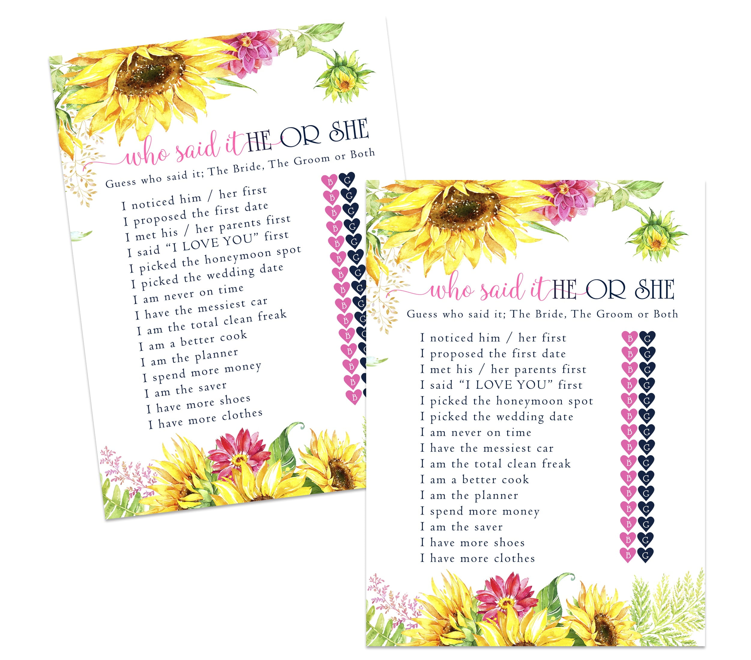 Sunflower Bridal Shower Game Card Pack of 25 He Said or She Said Cards - Who  Knows Bride and Groom Guessing Activity Engagement, Rehearsal, Reception  Fall Floral Event Supply Yellow (5x7 Size) -
