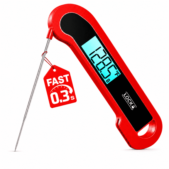 Ultra-Fast Digital Meat Thermometer with Battery, 0.3 Sec Instant Read Food Thermometer, ±0.5°F Precision, Auto-Rotating Backlit Display, Waterproof Probe for Grill BBQ Air Fryer, Red