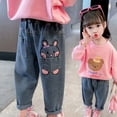 thumbnail image 2 of Toddler Straight Jeans Cute Heart Distressed Bottom Denim Pants Baby Girls Elastic Waist Pull on Jeans with Pockets, 2 of 4