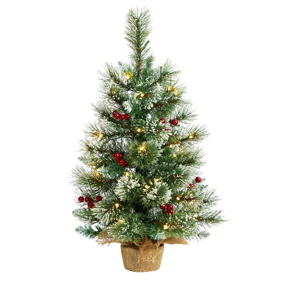 Nearly Natural 2ft. Snow Tipped Pine and Berry Artificial Christmas Tree with 35 Warm White LED Lights in Burlap Base