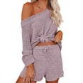 thumbnail image 2 of Casual Pajama Set Womens 2 Piece Outfits Off Shoulder Knit Tops and Shorts Suits, 2 of 3