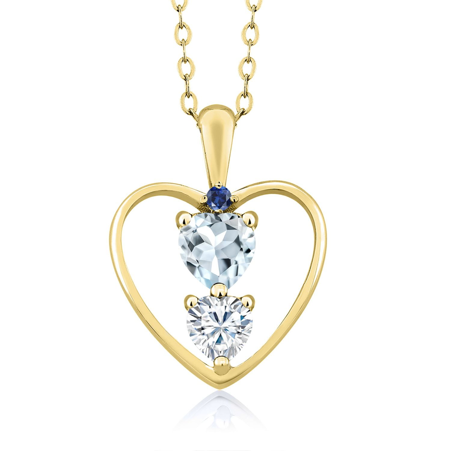 18K Yellow Gold Plated Silver Sky Blue Aquamarine White Moissanite and Blue Created Sapphire Pendant Necklace for Women (0.65 Cttw, Gemstone Birthstone, Heart 5MM and 4MM, with 18 inch Silver Chain)