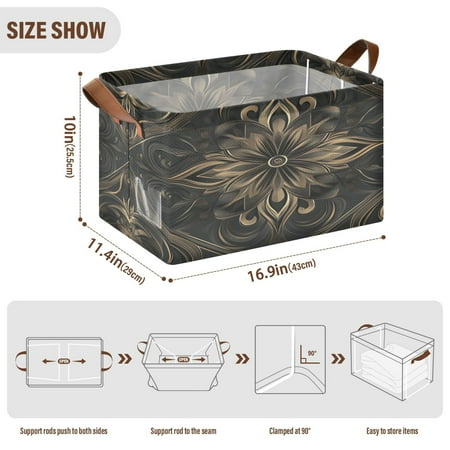 BZSMCE Collapsible Fabric Cube Storage Bins Design Black and Gold Flower Pattern Design Pattern Storage Box