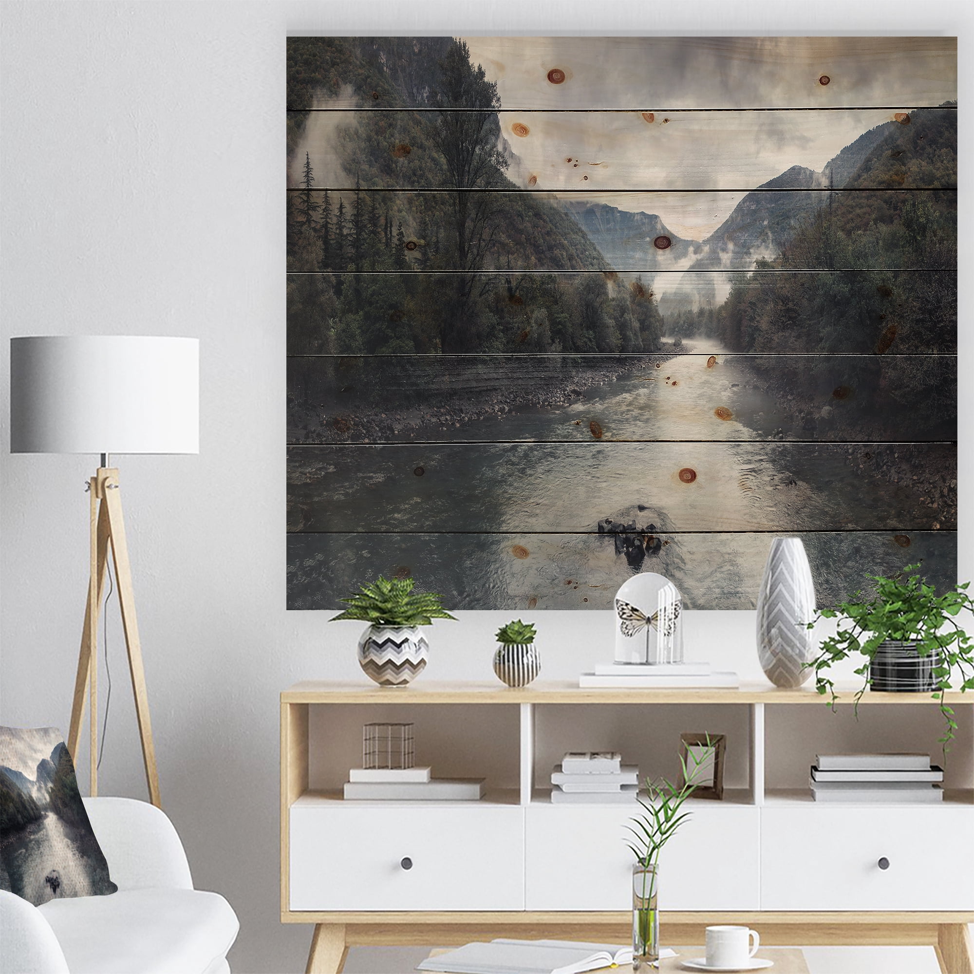 Designart 'Mountain River with Fog and Rain' Modern Seascape Print on Natural Pine Wood