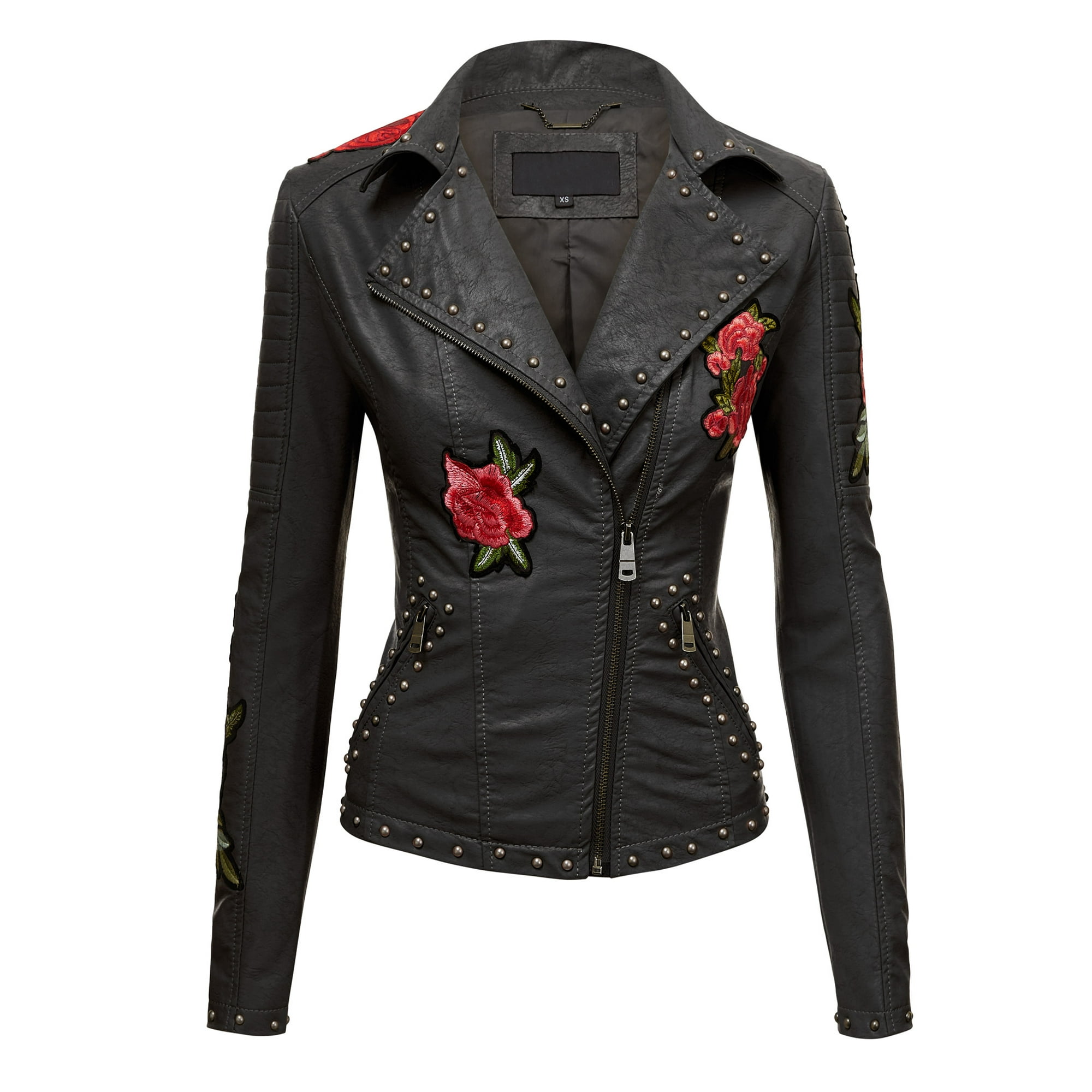 Floral Embroidered Faux Leather Jacket - Black Women's Size Medium