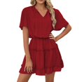thumbnail image 2 of WTXUE Robes, Robe à Volants Manches Courtes Col en V, Femmes Printemps Été Volants Robe Décontractée Unie Ligne A Mi-Longue Femmes, Rouge Taille m, 2 of 9