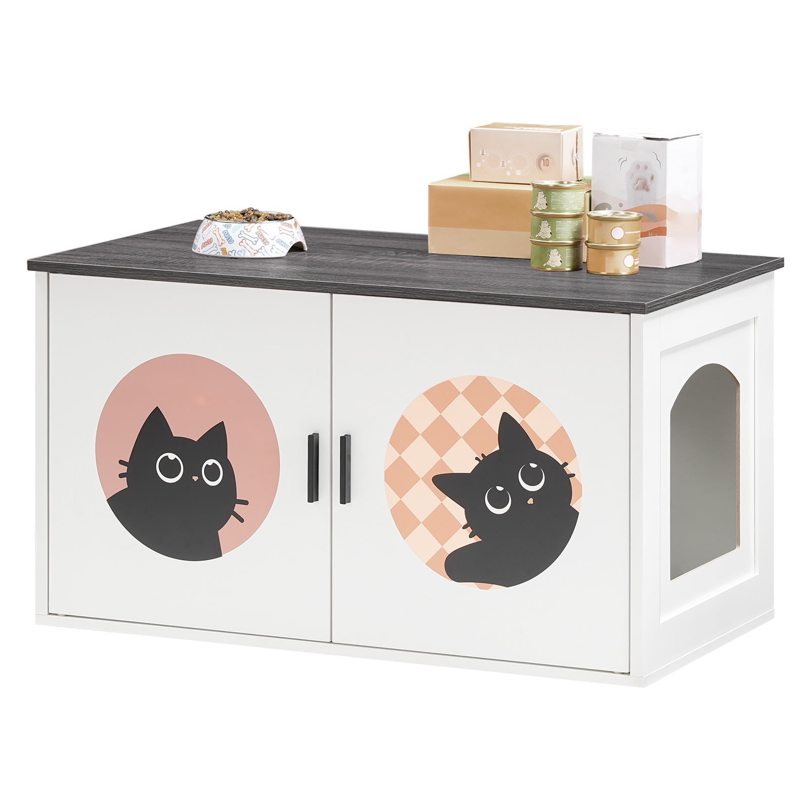 HOOBRO Cat Litter Box Enclosure, Hidden Litter Box Enclosure Furniture with Cute Cat Patterns and Arched Entrance, Litter Box Cabinet, Side Table, for Living Room, White and Charcoal Gray BW08MW01