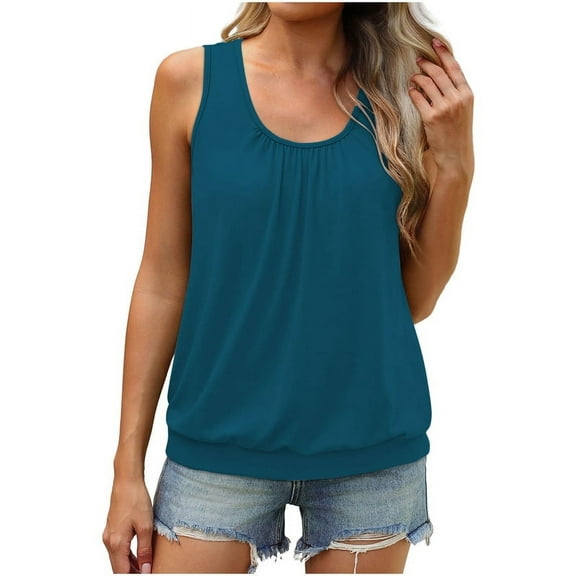 Women'S Summer Loose Fit Pleated Scoop Neck Casual Sleeveless Tank Tops Green S