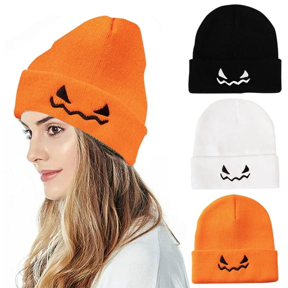 WHEANG Knit Beanie Unisex Halloween Beanie Pumpkin Embroidered Funny Warm Stretchy Skull Cap for Men Women Halloween Party Daily Wear One Size White