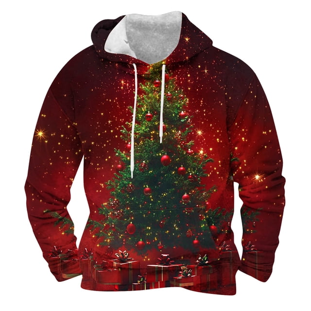 Sudadera con capucha para hombre, moda, bolsillos, manga larga, estampado navideño, sudadera con capucha, blusa de poliéster para hombre