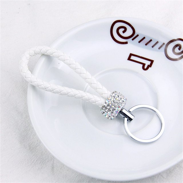 Llaveros de cuerda de cuero PU hechos a mano, llaveros de cristal brillante para mujeres, hombres y niñas, accesorios para bolsos de coche, llavero de regalo