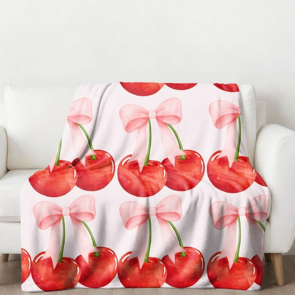 Coquette Cherry Blanket, Pink Bow Gift, Soft Blanket, Home Decor, Retro Cherry Lover Cozy Blanket, Cottagecore Gift, Plush Throw Blanket Couch Bedroom Decor 50x60in