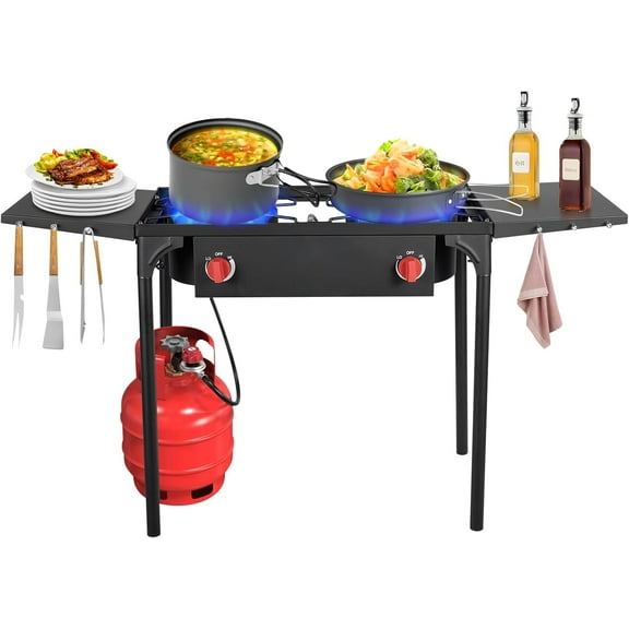 Llamaviva 2 Burner Gas Stove, Propane Outdoor Stove with Side Shelves, Removable Legs & Regulator, 150,000 BTU Propane Burners for Outdoor Cooking, Camping & BBQ Cookouts