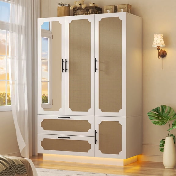 3-Door Armoire Wardrobe Closet for Bedroom with Mirror & LED Lights, 70" Rattan Door Wardrobe with 2 Drawers and 4-Layer Shelves, Boho Large Armoire Clothes Organizer with 2 Hanging Rods