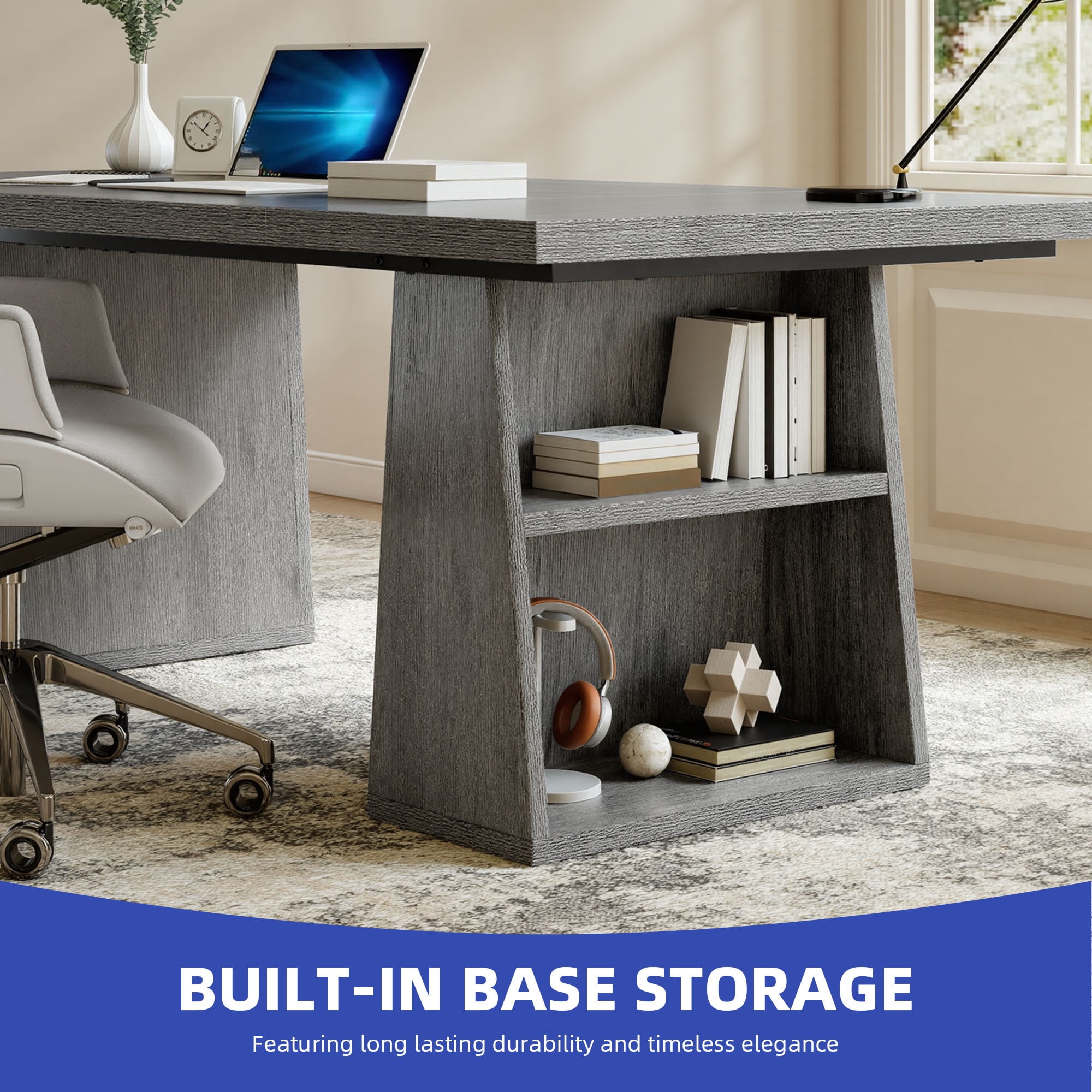 Craftian 63 inches Executive Desk with Double Pedestal and Storage Shelves, Home Office Desk Computer Desk Conference Table, Gray