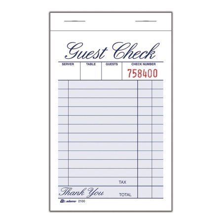 Adams Guest Check Pad, Single Part, White, 3-11/32 in. x 4-15/16 in., 100 Sheets/Pad, 12 Pads/Pack (