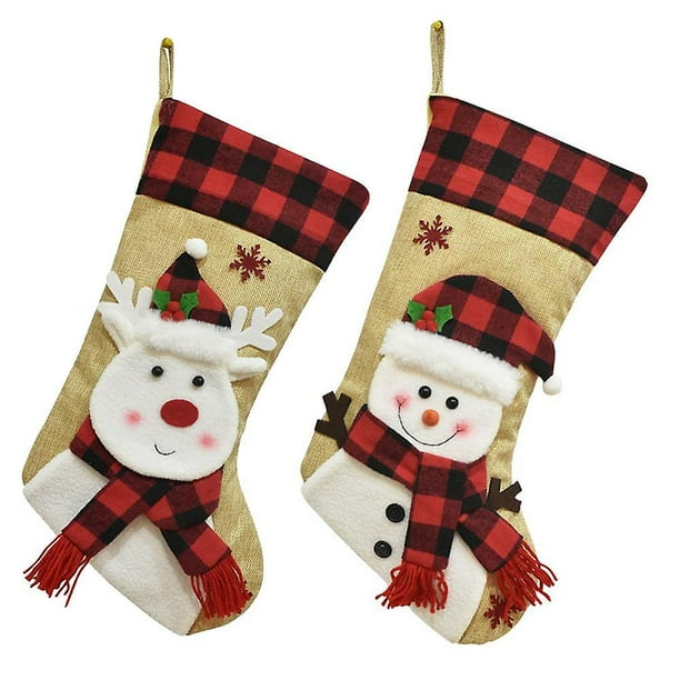Adornos navideños Calcetines navideños de lino y terciopelo con dibujos animados en 3D
