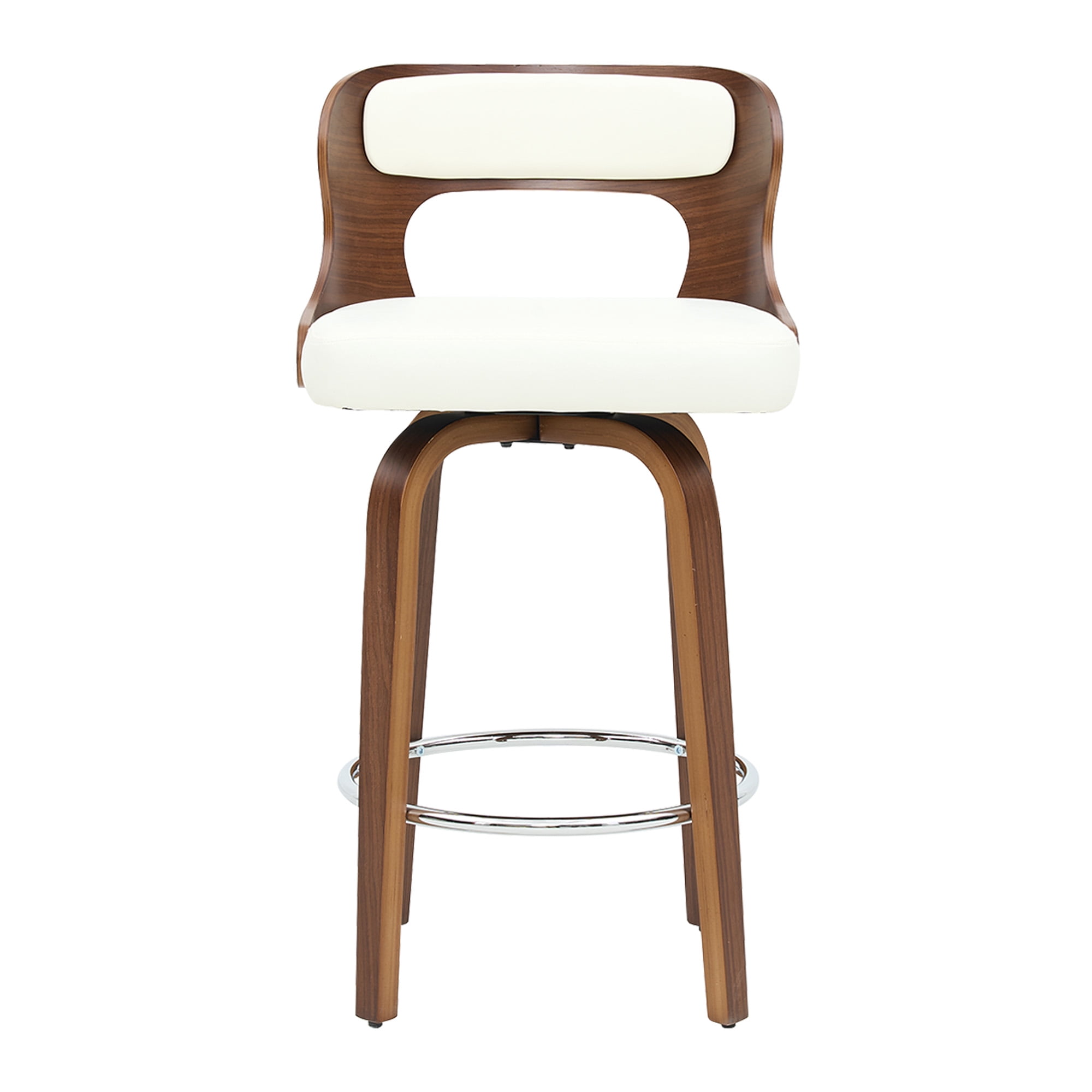ClinQ 26 inch Swivel Bar Stools Set of 3, Counter Height Bar Chairs with Walnut Legs and Silver Ring Footrest, Upholstered Faux Leather, White