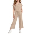 thumbnail image 2 of Zpanxa Girls V Neck Henley Short Sleeve Top Wide Leg Pants Set Casual Two Piece Outfit Toddler Khaki 9 Years, 2 of 9