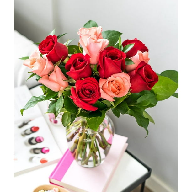 From You Flowers One Dozen Red & Pink Long Stem Roses with a Clear Glass Vase (Fresh Flowers