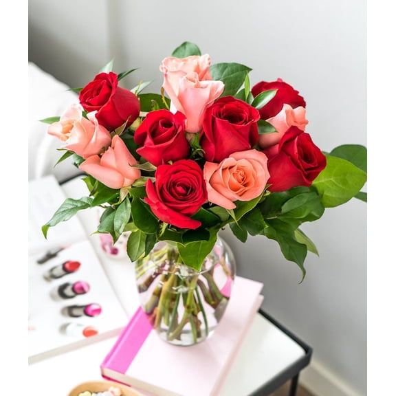 From You Flowers - One Dozen Red & Pink Long Stem Roses with a Clear Glass Vase for Birthday, Anniversary, Get Well, Congratulations, Thank You, All Occasions