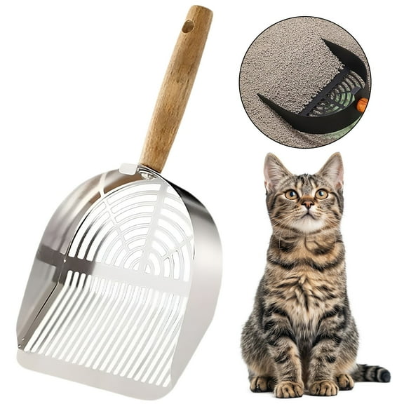 Cat Litter Scoop,Kitty Shovel with Hook and Hole,Metal Sifter Scooper Stainless Steel for Easy Cleaning,Durable and Heavy Duty,Odor-Free for Litter Box(Silver For Long Particles)
