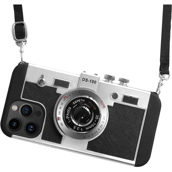 Emily in Paris Phone Cases for iPhone XR, Cute Camera Design, 3D Vintage Camera Cover Phone Case with Long Lanyard (Silver Black, iPhone XR)