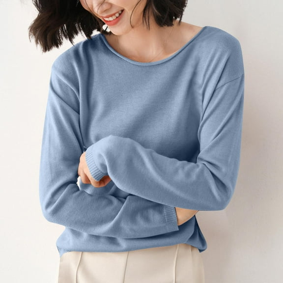 CQONEPT Womens Long Sleeve Tops Crewneck Casual Blouse Solid Color Slim Fit Tunic Tops Fall Winter Pullover Light Blue M